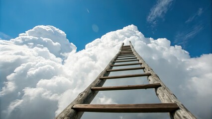 Fototapeta premium Wooden ladder is reaching high into a beautiful blue sky with fluffy white clouds, symbolizing a pathway to heaven, dreams, success, or spiritual ascension