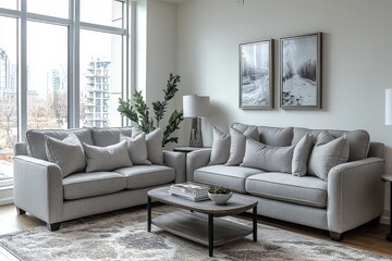 Fototapeta premium Modern style living room with grey fabric sofa and love seat, black legs, silver framed mirror, coffee table, rug, lamp, and wall art.