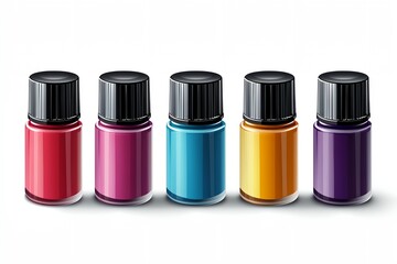 Obraz premium Five bottles of nail polish in different colors. The bottles are lined up next to each other. The colors are purple, blue, yellow, green, and red