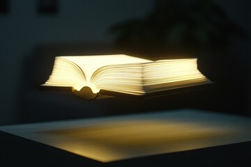 Glowing open book in dark, magical reading concept