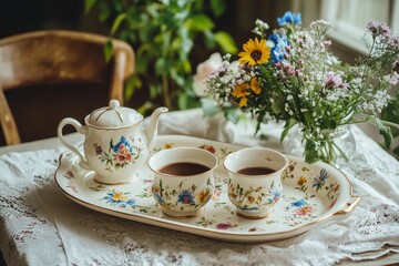 Floral teacups, teapot, and tray; pretty wildflowers nearby.
