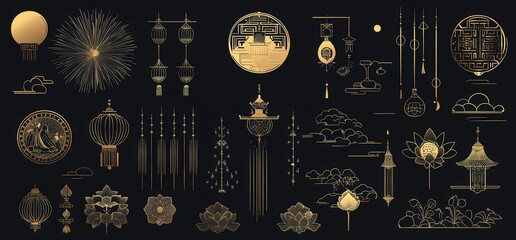 A collection of intricate golden designs featuring lanterns, balloons, and decorative elements on a dark background, showcasing an elegant artistic style.