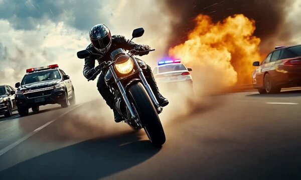 Motorcycle chase with police cars and explosion backdrop.