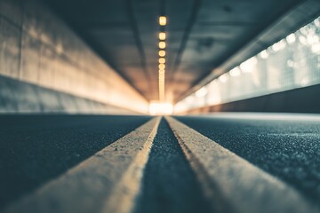 Low angle view of road in tunnel with linear perspective and lights