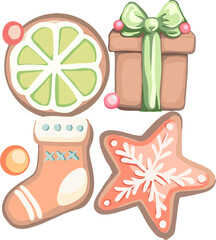 Obraz premium Merry Christmas! Happy New Year - composition of cute cartoon elements (gingerbread, candy, fir branches) on transparent background. Flat digital illustration for posters, advertising