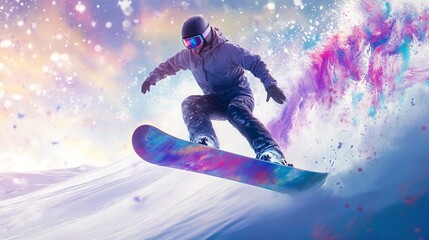 A skilled snowboarder glides effortlessly on a snowy slope, creating a stunning burst of colors in the air, surrounded by a breathtaking blend of winter hues at twilight.