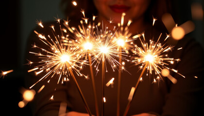Close-up of a woman holding sparklers with a warm, glowing background