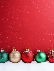 Festive Border Design with Colorful Christmas Ornaments on Red Background with Snowflakes, Perfect for Holiday Greetings and Seasonal Decor