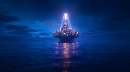 Obraz premium A photorealistic image of an oil and gas rig in the middle of the ocean, showcasing advanced technology and the extraction process, representing energy production, industrial operations, and the oil a