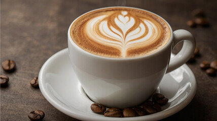 Cups of cappuccino and coffee with chocolate on a table showing foam art and a cozy cafe vibe