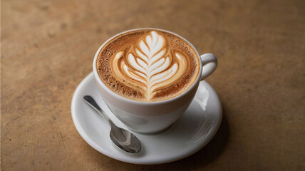 Fototapeta premium Cups of cappuccino and coffee with chocolate on a table showing foam art and a cozy cafe vibe
