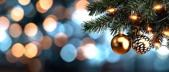 Obraz premium Festive Christmas Ornament Pine Branch with Lights