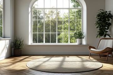 Fototapeta premium Minimalist dining room with white walls, window, natural light, modern chair, wood floor, carpet, and garden view through the window.