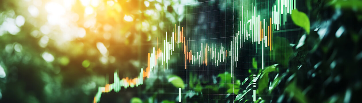 Esg investing trends in climate stock market chart overlaid on a lush forest environment