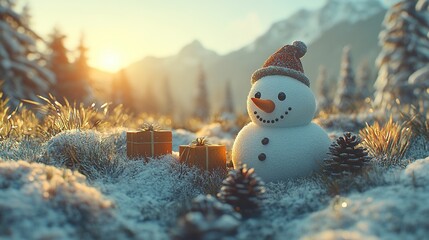 Obraz premium Adorable snowman surrounded by festive gifts, perfect for happy holidays and Christmas celebration