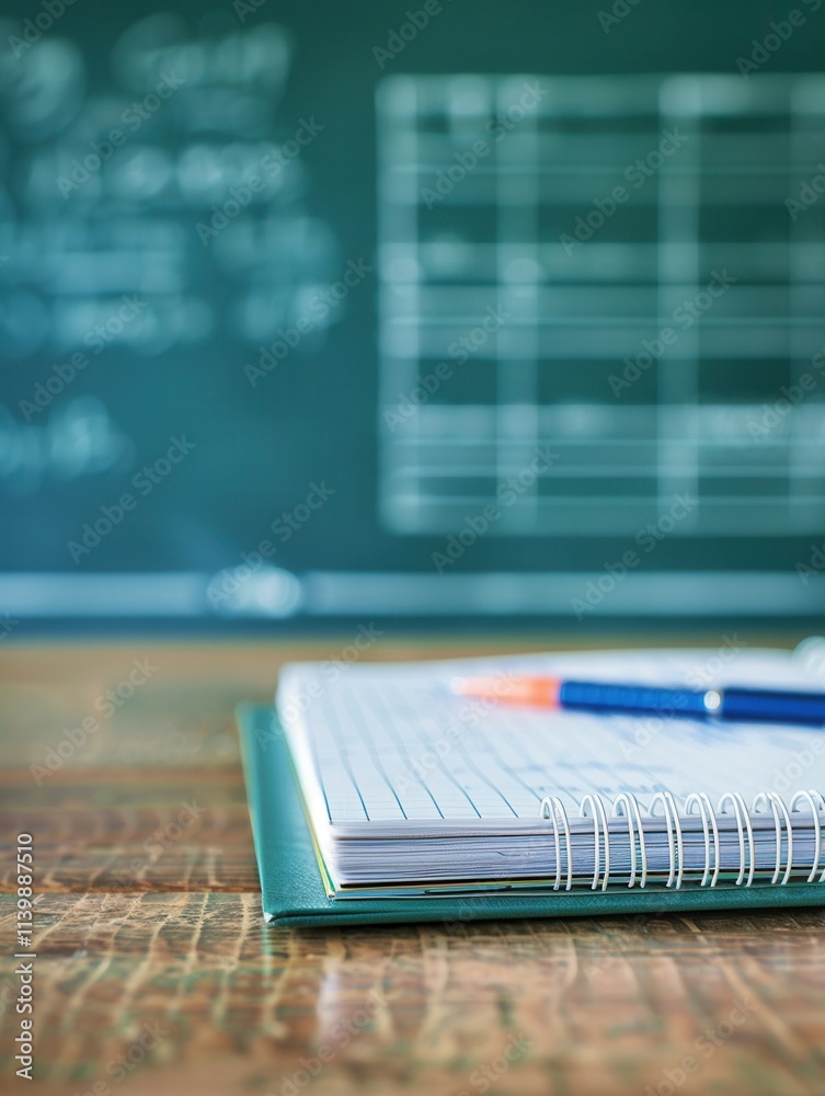 Aufkleber Notebook and pen resting on a desk in a modern classroom filled with bright orange chairs during a sunny day. Generative AI
