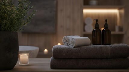 A Serene Spa Retreat Featuring Soft Towels, Herbal Massage Oils, and Relaxing Candles in a Calm Environment for Pampering and Rejuvenation
