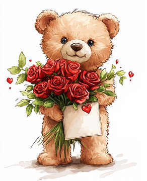 teddy bear holding red roses clip art preview