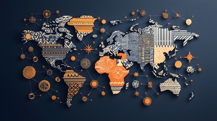 Intricate Artistic Representation of a World Map Showcasing Cultural Exchange and Diversity Through Unique Patterns and Textures