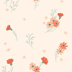 Seamless floral pattern, pretty ditsy print of hand drawn wild plants in delicate colors. Cute botanical surface design of small red, pink flowers, leaves, simple bouquets. Vector illustration.