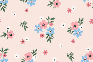 Seamless floral pattern, liberty ditsy print in cute girly style. Pretty botanical design of small hand drawn daisy flowers, tiny leaves, simple bouquets abstract on pink meadow. Vector illustration. © Yulya i Kot