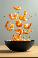 A black bowl filled with shrimp flying out of it