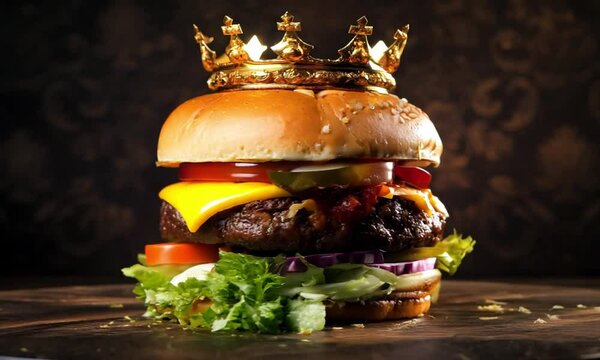 fresh tasty juicy burger on a dark background with a crown on top spinning in a circle. king burger spins around itself