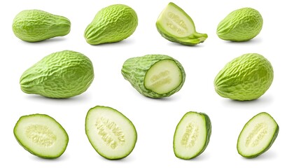 A set of Chayote isolated on a white background. It includes whole,halved and slice, all with full depth of field. --ar 7:4