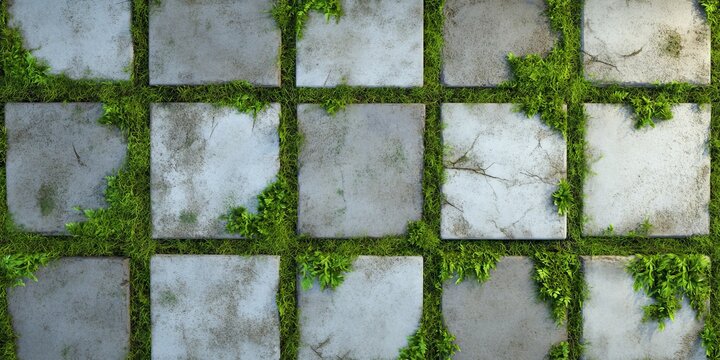 Top-Down View of Old Stone Pavers with Moss and Grass Growing Between