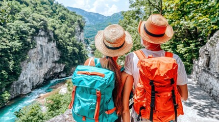 Couple Hiking in Nature with Backpacks and Straw Hats in Summer