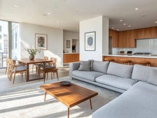 Fototapeta premium Modern Apartment Living Room Design With Open Kitchen