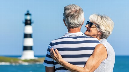 Seniors Embracing by the Sea with a Lighthouse in Background