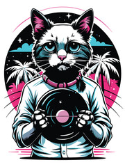 An adorable fluffy cat, standing upright, delicately holds a vintage vinyl record.  The cat's expression is sweet and curious.