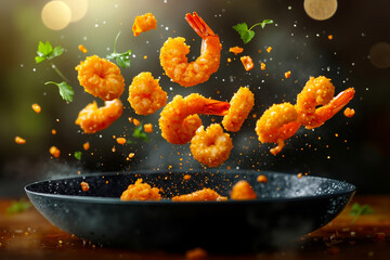 A frying pan filled with fried shrimp flying out of it