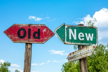 Old and New Signpost with "OLD" and "NEW" Text Against Sunset Sky