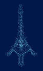 Mini Eiffel Tower wireframe. Isometric view. Eiffel tower isolated on blue background. 3D. Vector illustration