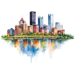 Colorful Watercolor Skyline of Pittsburgh with Reflections on Water, Showcasing Iconic Bridges and Tall Buildings