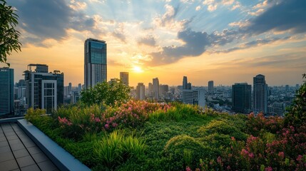 Urban Oasis: Rooftop Garden at Sunset