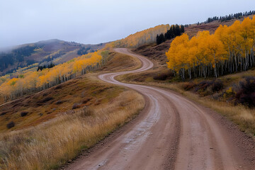 Autumnal Road Winding Through Aspens