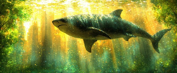 Fototapeta premium Enormous shark swims through submerged, sun-drenched city, surreal underwater scene.