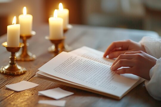 Literature review laid out on wooden table with scattered notes, soft glow, serene vibe, textured pages, hands gently turning sheets.