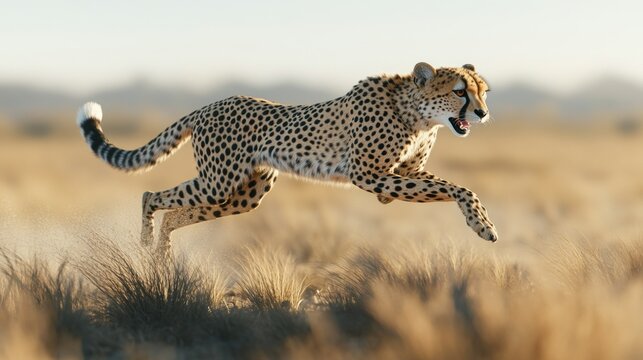 A sleek cheetah sprinting across an open plain in pursuit of its prey