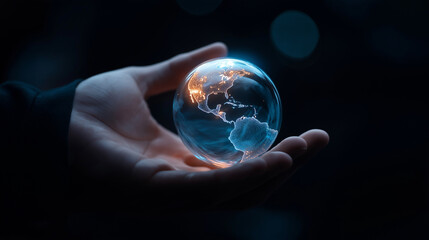 A photo of a hand holding a glowing Earth. The Earth is depicted in vivid colors, highlighting its continents and oceans