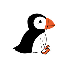 An illustration of a cute doodle puffin sitting. Fun cartoon black and white Nordic bird.