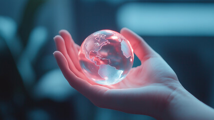 A photo of a hand holding a glowing Earth. The Earth is depicted in vivid colors, highlighting its continents and oceans