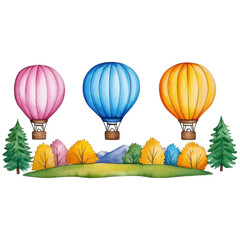 Naklejka premium Colorful Hot Air Balloons Floating Over a Scenic Autumn Landscape with Trees and Mountains