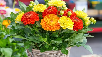 Vibrant Bouquet of Colorful Dahlias in a Rustic Woven Basket