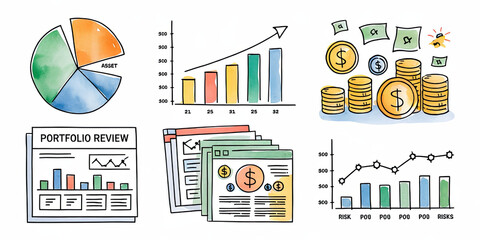 Hand drawn Finance Icons Charts Coins Growth