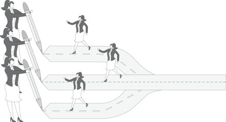Successful strategic business cooperation, three businesswomen running on three roads drawn by three hands and merged on one road, corporate culture or business concept