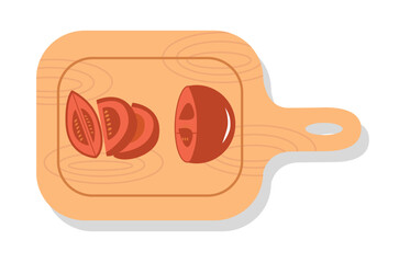 Tomato slice illustration. Tomato on cutting board. Cutting tomato. Vegetable illustration. Fresh agriculture product. 